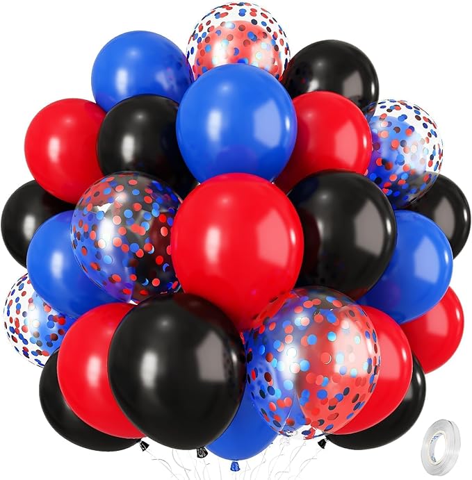 Red Blue Black Balloons, 12 Inch Royal Blue Red Confetti Latex Balloon with Black Helium Balloon Kit for Boys Spider Cool Man Halooween Theme Birthday Decor Graduation Party Decoration Supplies