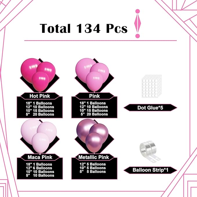 Lukiituke Pink Balloon Arch Kit,134pcs Hot Pink Party Balloons, 4 Size Light Pink Balloons for Baby Shower,Birthday,Wedding Decorations