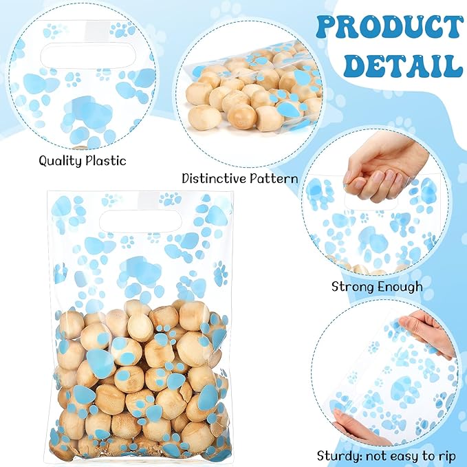 Pasimy 100 Pcs Dog Paw Gift Bags Bulk Pet Paw Puppy Plastic Treat Favor Candy Goodie Bags with Handle for Dog Birthday Party Decoration Supplies(Clear Blue)
