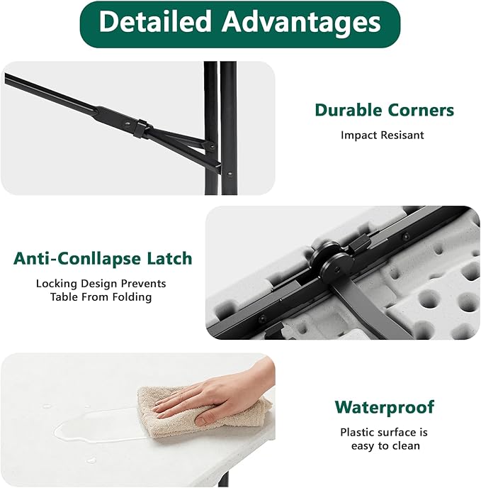 Folding Table 2 Pack, 6FT Folding Table Portable with Built-in Handle, Heavy Duty Plastic Table with Steel Legs Supports to 300lbs, Suitable for Party, Camping, Events Indoor&Outdoor Use, White