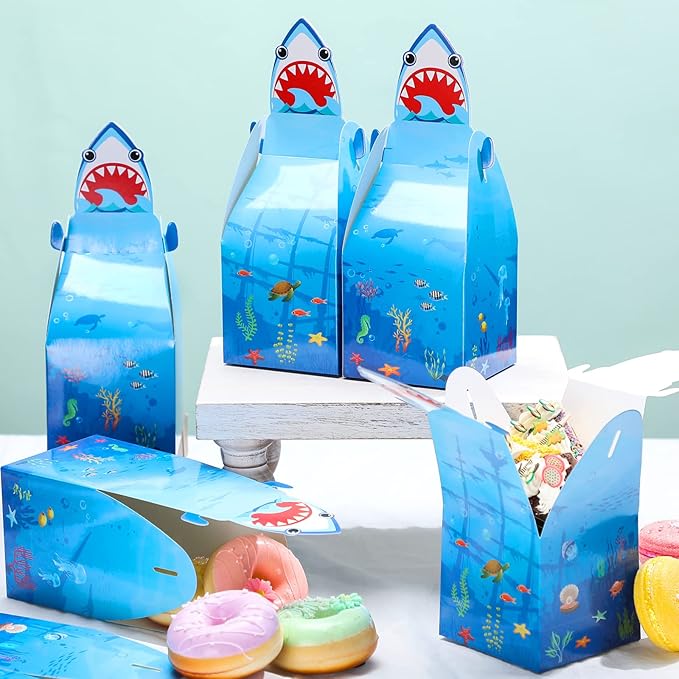 Frienda 50 Pcs Kids Shark Party Favor Treat Boxes Shark Goodie Candy Bags Bulk Shark Birthday Gift Cardboard Boxes Ocean Themed Party Decoration for Kid Cute Sea Shark Party Supplies