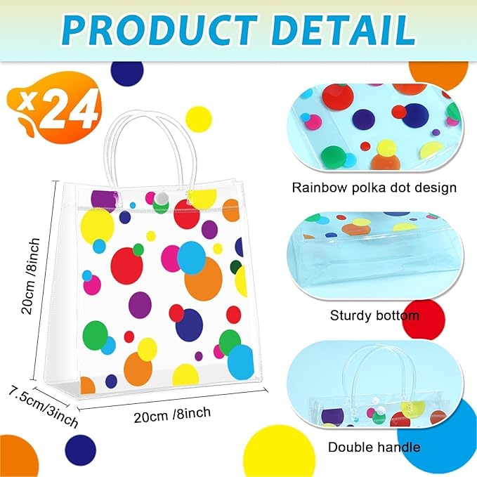 Lonfliness 24Pcs Polka Dot Clear PVC Gift Bags with Handles Bulk Rainbow Goodie Treat Candy Bags Colorful Rainbow Wrap Tote Bags for Birthday Party Favor Baby Shower Decorations Supplies 8 x 8 x 3in