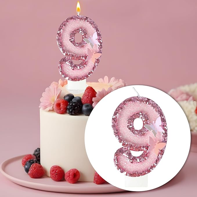 9th Birthday Candles，Glitter Butterfly Cake Toppers Pink Sequins Wedding Numeral Cupcake Decorations，Suitable for Girl and boy Wedding Cakes, Party Celebrations, Birthday Decorations