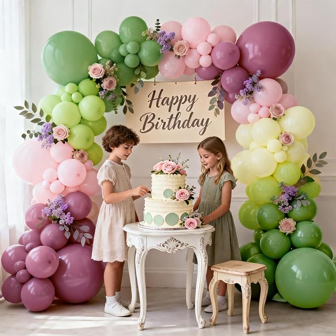 Pink Green Purple Balloons Arch Kit，Green And Pink Balloons with Sage Light Olive Green Dusty Pink Lilac Yellow Pastel Balloons for Wedding Birthday Party Fairy Bridal Shower Wildflower Decoration.