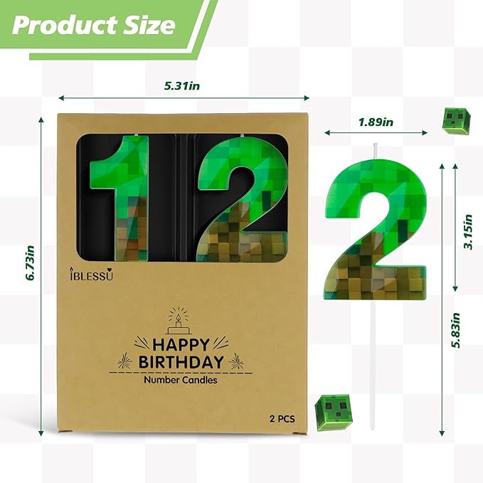 Pixel Birthday Candle, 2.68 Inch Miner Number Candles, Game Themed Candle Birthday Decoration for Pixel Theme Birthday Anniversary Dynamite Video Game Party (Green, 12)