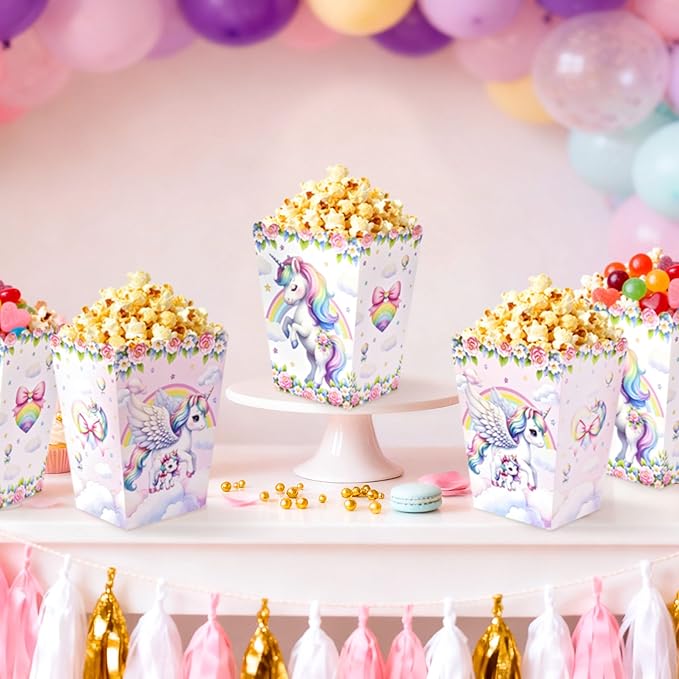 BACH AND BOUJEE 20Pcs Unicorn Popcorn Boxes Rainbow Unicorn Goodie Candy Boxes Birthday Party Favors Gift Bags Dreamy Animal Birthday Party Decorations Baby Shower