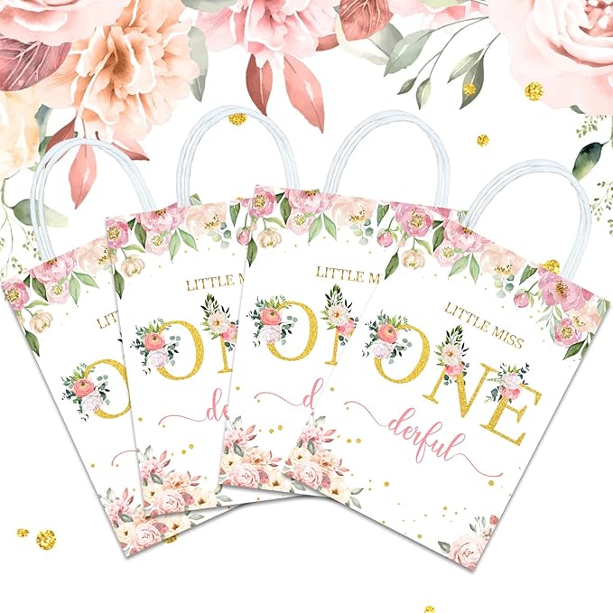 Tyndallrays 16 Pieces Miss Onederful One First Birthday Party Favors Bags,Onederful 1st Birthday Girl Gift Snacks Treat Candy Party Favors Bags with Handles for Girls 1st Birthday Party Decorations
