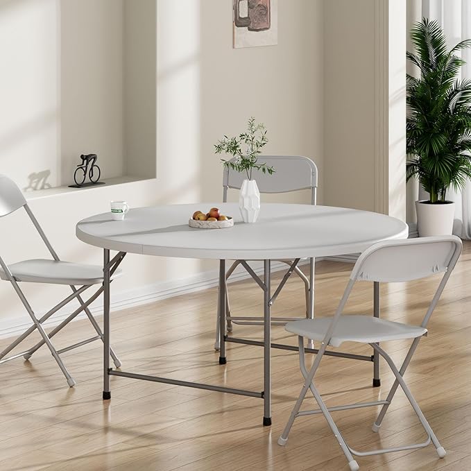 OS MOTOR 5ft Round Folding Table with Carry Handle, Portable Heavy Duty Plastic Utility Table with Steel Legs for Party, Wedding, Camping, Indoor, Outdoor Event, 60 Inch, White
