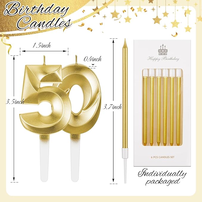 Mtlee Gold 50th Birthday Candles Set for Cakes Including Thin Metallic and Number Birthday Candles for Anniversary Celebration Party Topper Decorations Men Women
