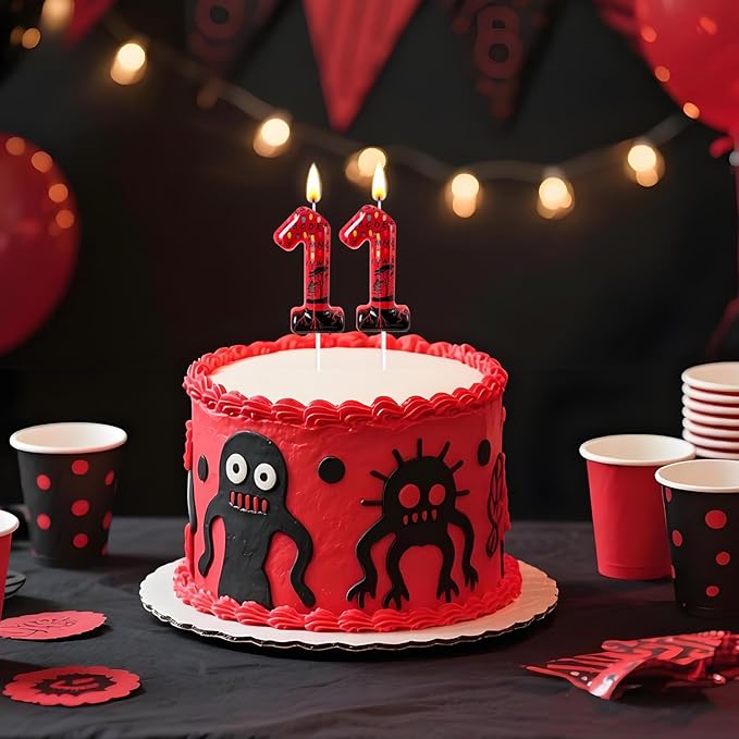 Red Number 11 Birthday Candle for Cake – Dark Horror Style with Alphabet Print & Shadow Design – Unique Cake Topper for Birthday, Anniversary, Themed Party Decoration