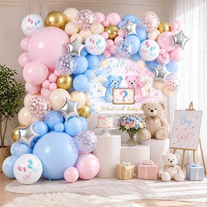 Boy or Girl Gender Reveal Decorations Kit, Bear Theme Balloon Garland with Backdrop, 125 PCS He or She Gender Reveal Party Supplies for Soft Pastels Pink and Blue Revelacion De Sexo De Bebe