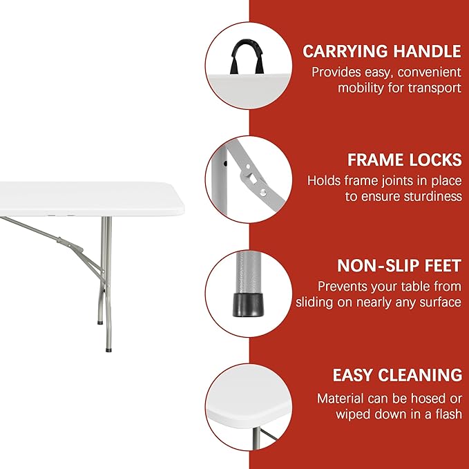 Elevon Folding Table, 8 Feet Heavy Duty Fold-in-Half Utility Table Indoor Outdoor for Camping, Picnic, Party