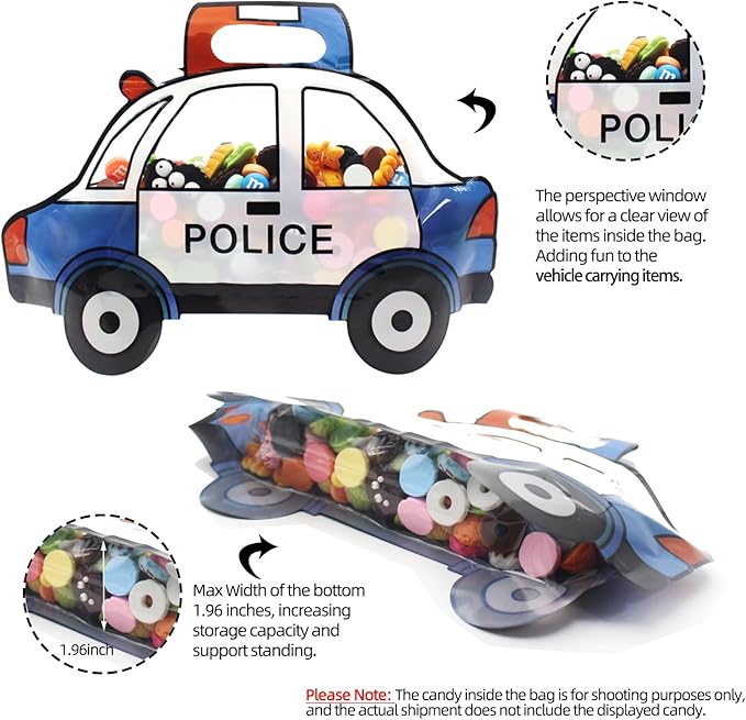 30 Pack Goodie Bags - Cartoon Police Car Candy Treat Bags with Handle - Resealable, Small Plastic Ziplock Seal Party Favor Birthday Bags