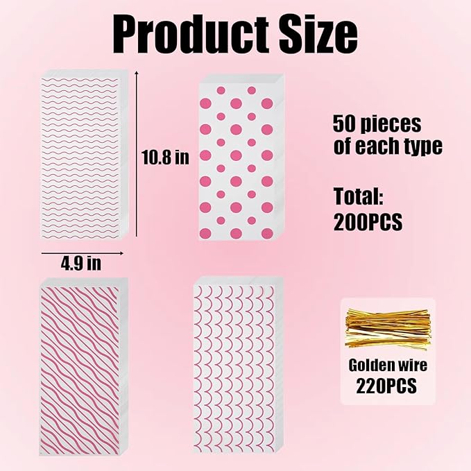 EatnMgan 200Pcs Cellophane Treat Bags,10.8 x 4.9Inch Plastic Candy Bags,Cellophane Bags,Goodie Candy with 220Pcs Twist Ties for Valentine, Birthday, Gift Cookie Snack Packing Party Favor Supplies (Pink)
