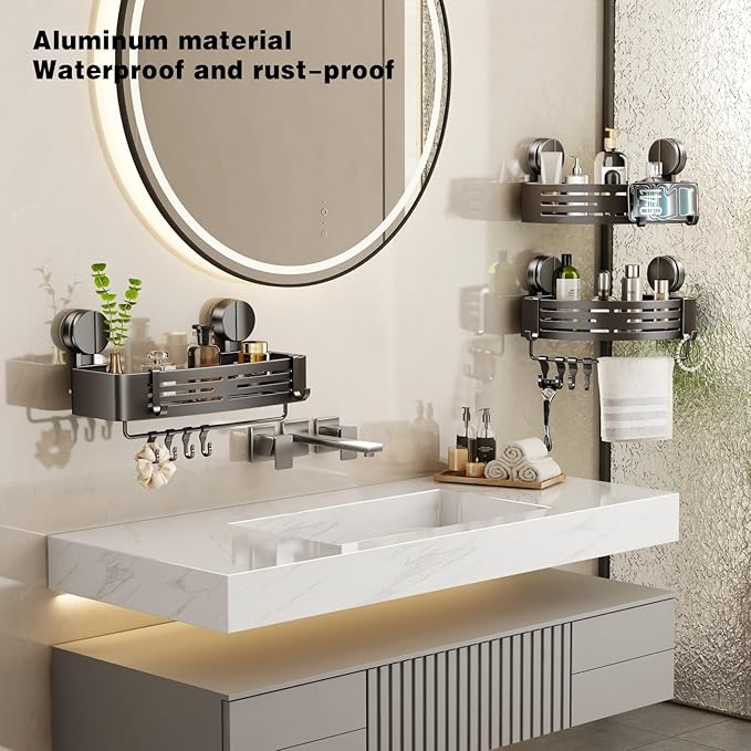 VOLPONE Shower Caddy Suction Shower Shelf No Drilling Shower Organizer Suction Cup Shower Storage Rack Aluminum Wall Mounted Shampoo Holder with Towel Bar Hooks (1-Pack, Matte Gray)