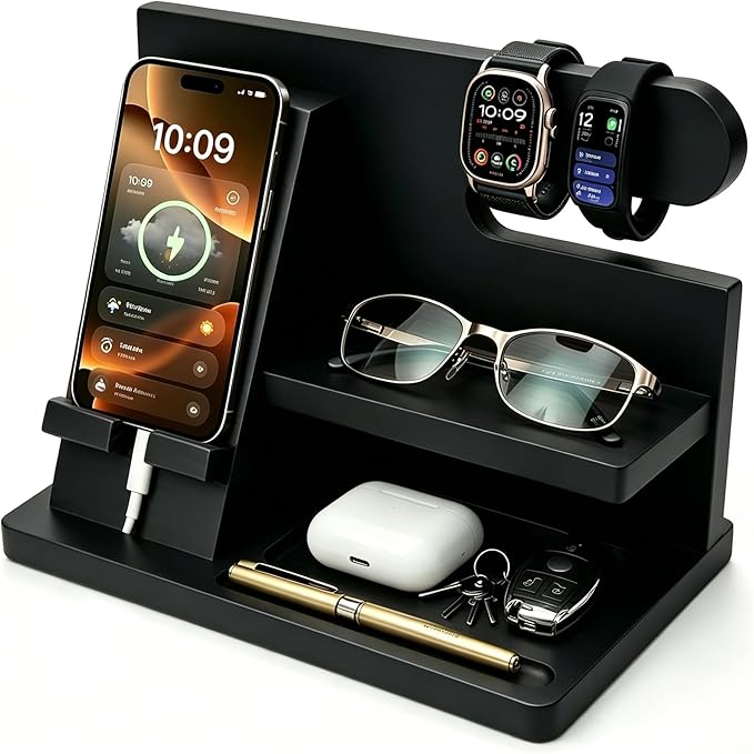 Gifts for Men Wood Phone Docking Station Birthday Gift for Men Valentines Day Gifts Father Gift for Him Boyfriend Nightstand Organizer Desktop Phone Stand Black