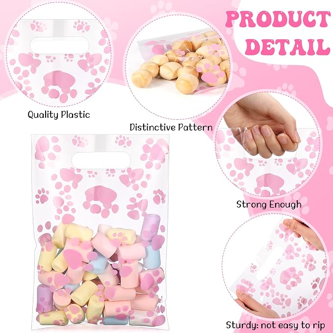 Pasimy 100 Pcs Dog Paw Gift Bags Bulk Pet Paw Puppy Plastic Treat Favor Candy Goodie Bags with Handle for Dog Birthday Party Decoration Supplies(Clear Pink)