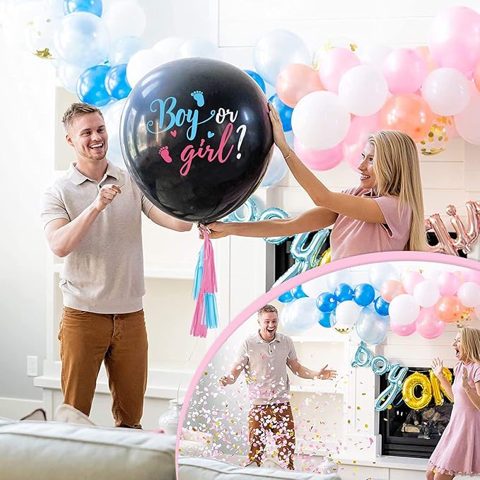 Large Gender Reveal Balloons - 2pcs 36 Inch Black Boy or Girl Balloon with Pink and Blue Confetti for Baby Shower Gender Reveal Ideas Party Decorations