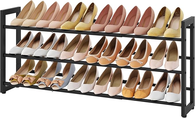 FAVOOSTY 3-Tier Expandable Shoe Rack, Adjustable Shoe Shelf Storage Organizer Space Saving Metal Free Standing Shoe Rack for Entryway Closet Doorway, Black