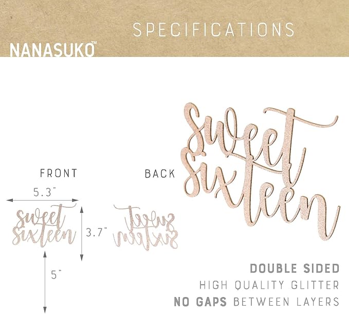 16th Birthday Cake Topper - Sweet Sixteen - Double Sided Rose Gold Glitter - Premium Quality Made in USA