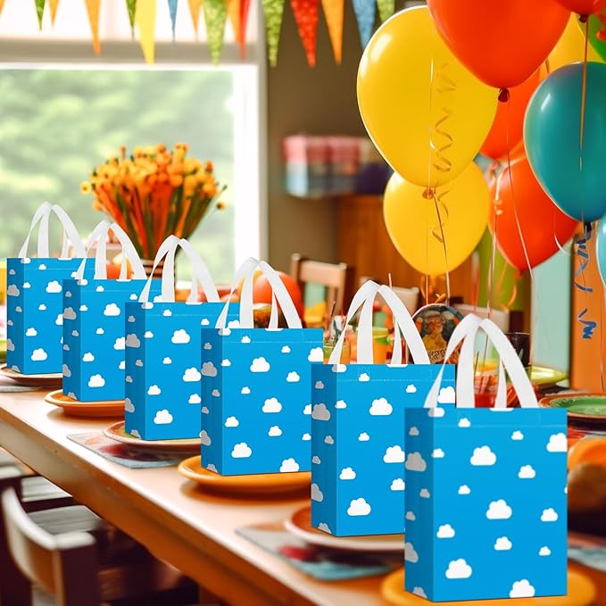 Locmeo 24 Pcs 8 x 4 x 10 Inch Toy Party Blue Sky White Clouds Gift Bags with Handles Reusable Non Woven Blue and White Cartoon Themed Candy Bags for Girl Boy Birthday Baby Shower Party