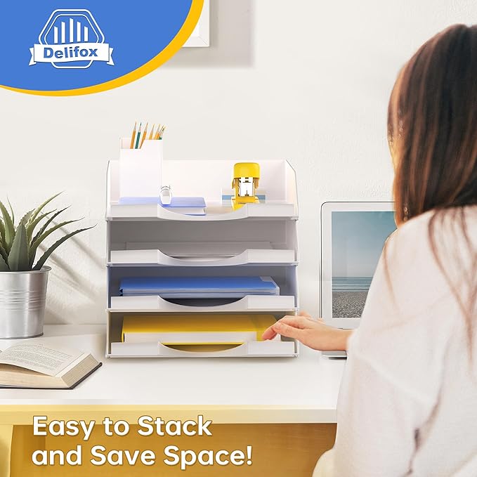 4 Pack Stackable Paper Trays for Letter Documents, Desktop File Organizers for Office Supplies, Stackable Desk Tray Holder for Paper Storage, White