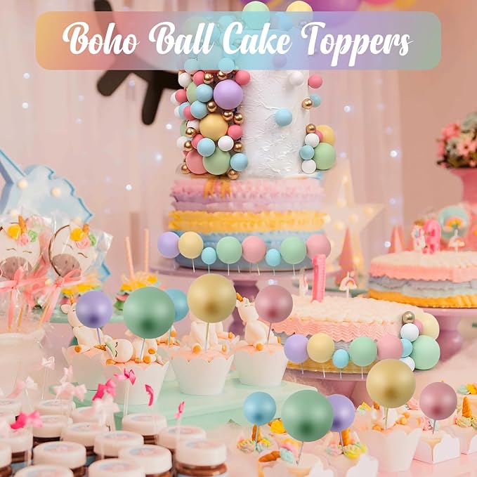 115 PCS Ball Cake Toppers - Mini Balloon Cake Decorations Pastel Foam Balls Cupcake Picks DIY Cake Insert Toppers for Birthday Party Wedding Baby Shower - Rainbow Theme