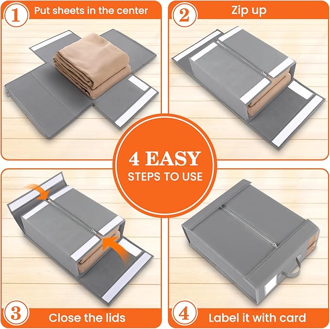 WOWBOX Sheet Organizers and Storage,Closet Bed Sheet Organizer Under Bed Storage and Organization with Label Cards & Clear Window for Bedding Sheets,Duvet Covers,Blankets (3 Pack，Gray)