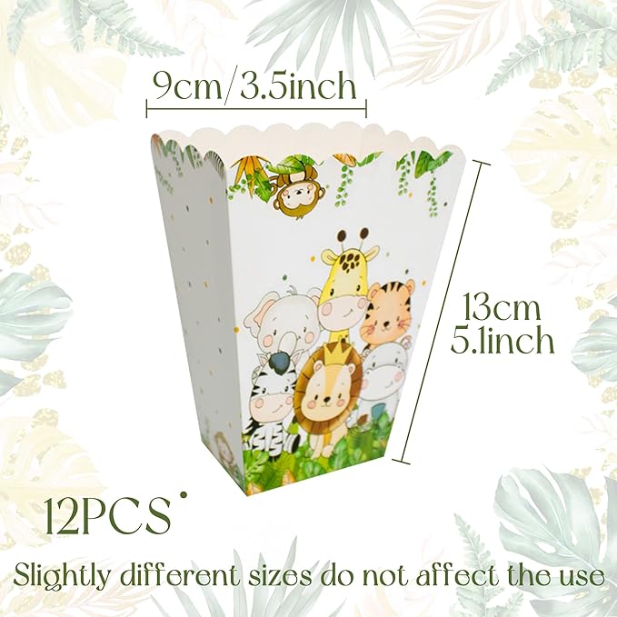 BACH AND BOUJEE 12Pcs Safari Animal Popcorn Boxes Jungle Safari Goodie Candy Boxes Jungle Wild One Birthday Party Favors Gift Bags Safari Baby Shower Decorations Zoo Animal Party Supplies