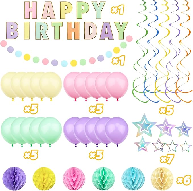 ZERODECO Birthday Decorations, Easy to Assemble Pastel Happy Birthday Banner with Honeycomb Ball, Balloon, Hanging Swirl Streamer, Garland, Happy Birthday Party Decorations for Women Girls Kids