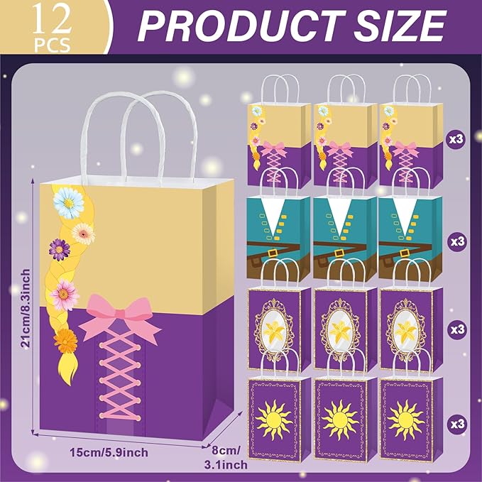 12Pcs Princess Birthday Party Supplies Purple Princess Gift Bag with Handle Girls Theme Birthday Party Favor Bags Purple Sun Gift Treat Bags for Girls Bday Baby Shower Parties Decoration
