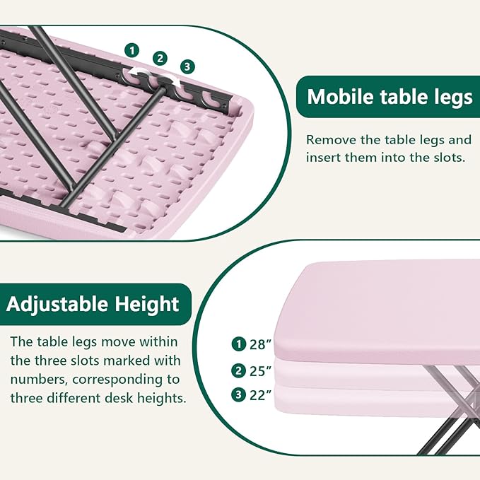 Folding Table 30 Inch - 2Pack,Small Desk Adjustable Height TV Tray for Laptop, Couch, Camping - Heavy Duty Utility Foldable Table for Small Spaces, No Assembly Required, Pink Granite
