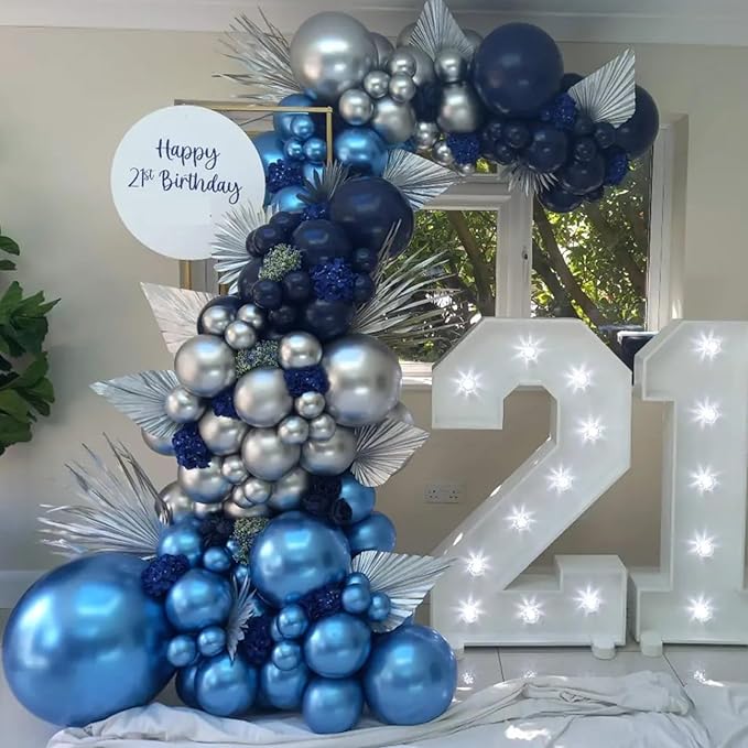 Blue Balloon Arch Kit, Navy Blue and Silver Balloons Garland Arch Kit with Different Size, Metallic Blue Silver Balloons for Birthday Baby Shower Graduations Class of 2026 Prom Decorations