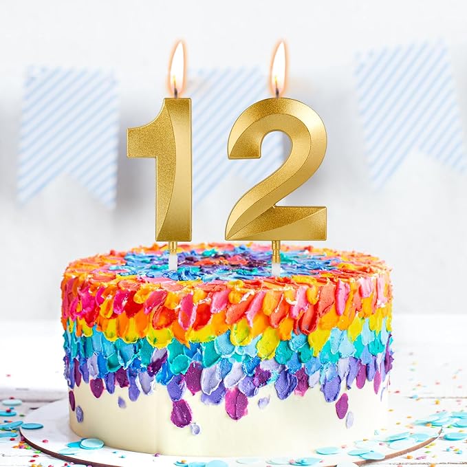 Birthday Candles, 1.96 Inch Number 12 Happy Birthday Candles, Number Candles Decoration for Birthday Party and Anniversary Celebration(Champagne Gold)