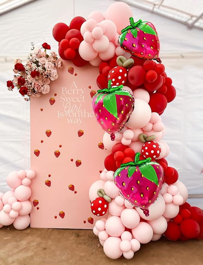 Strawberry Balloon Arch Garland Kit,130Pcs Pink Red Balloons with Large Strawberry Foil Balloon, Red Polka Dot, Green Balloon for Girl Berry First/Sweet One Birthday Party Decoration