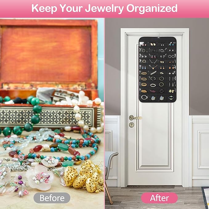 1 Pack Hanging Jewelry Organizer, 80 Clear Pockets earring organizer and storage, Accessories holder organizer for Closet, Jewelries, Necklace, Travel
