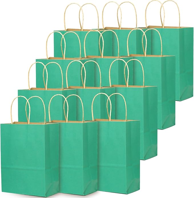 qiqee 32-Packs Mint Green Paper Gift Bags with Handles Bulk 8.26"×6"×3.15" Small Size Gift Bags Multiple Uses