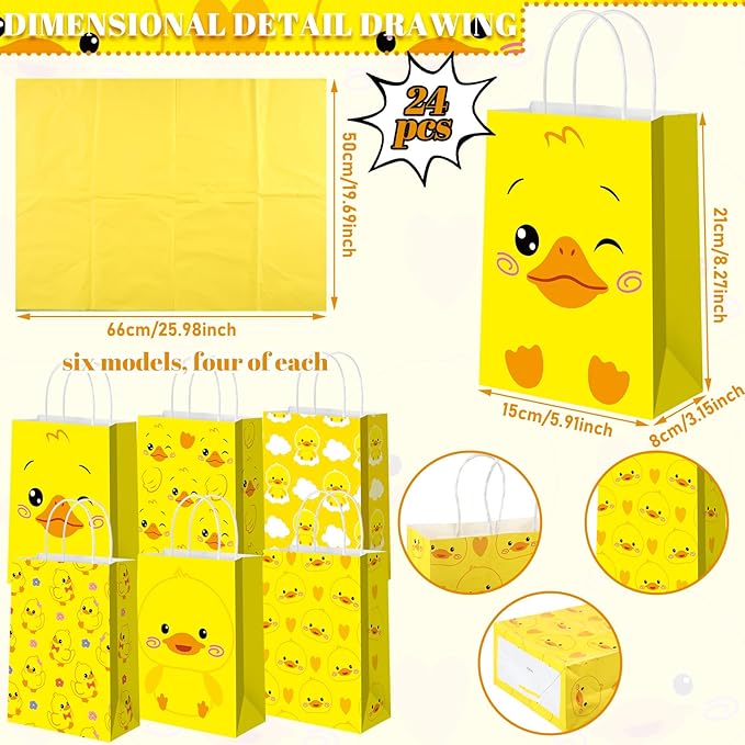 Epakh 24 Pcs Duck Party Favors Bags Yellow Duck Gift Bag with Handles Tissue Paper Treat Goodie Candy Favor Tote Boxes for Baby Shower Birthday Party Supplies