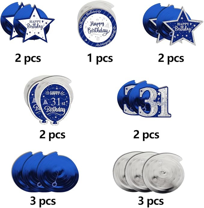 Happy 31st Birthday Blue & Silver Glitter Swirls Streamers Party Decorations - 15 Pcs 31st Birthday Hanging Swirls Streamers Kit,Perfect for 31st Bday Party Sign.