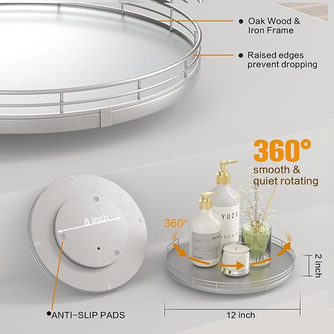 12" Silver Lazy Susan for Table Top, Oak Wood Lazy Susan Turntable Organizer for Dining Coffee Table Centerpiece Bar Decor Kitchen Countertop Bathroom Vanity Decorative Tray for Perfume Jewelry Round