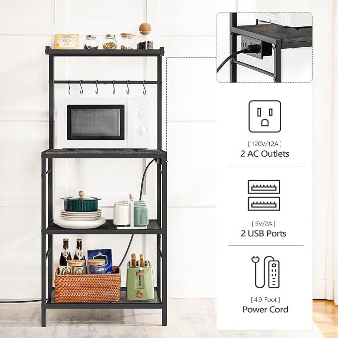 MAHANCRIS Bakers Rack with Power Outlet, Kitchen Storage Shelf with 6 Hooks, Microwave Stand with Storage, 4-Tier Coffee Bar Station, for Kitchen, Dining Room, Charcoal Gray and Black BRHT35E01N1