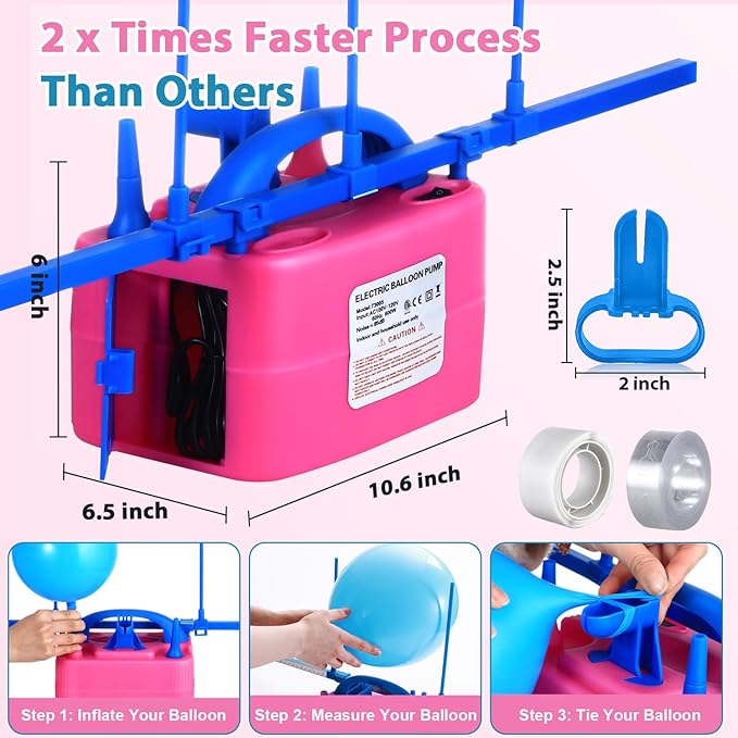 Balloon Pump Electric, Electric Air Pump Replace Manual Balloon Hand Pump, US Standard Plug Balloon Inflator Pump Electric with Dual Nozzles for Balloon Arch, Balloon Stand, Party Decorations