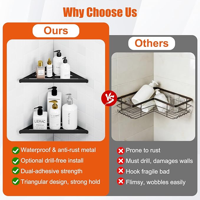 Fikoksol Shower Caddy, 4 Pack Bathroom Corner Shelf, Triangle Shelf Storage for Bathroom Shower, Black Metal Shower Shelf & Rustproof Wall Mounted Adheisve Glue Organizer Accessories and Essentials