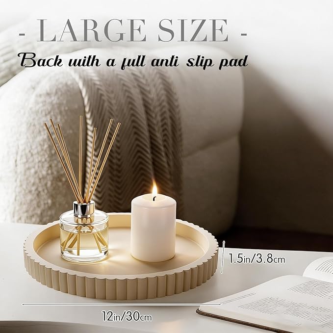 Yalikop Round Concrete Decorative Tray for Coffee Table Decoration 12" Modern Cream White Table Centerpieces Decorative Ottoman Tray for Serve Home Decoration Accent Bandejas Decorativas Gift
