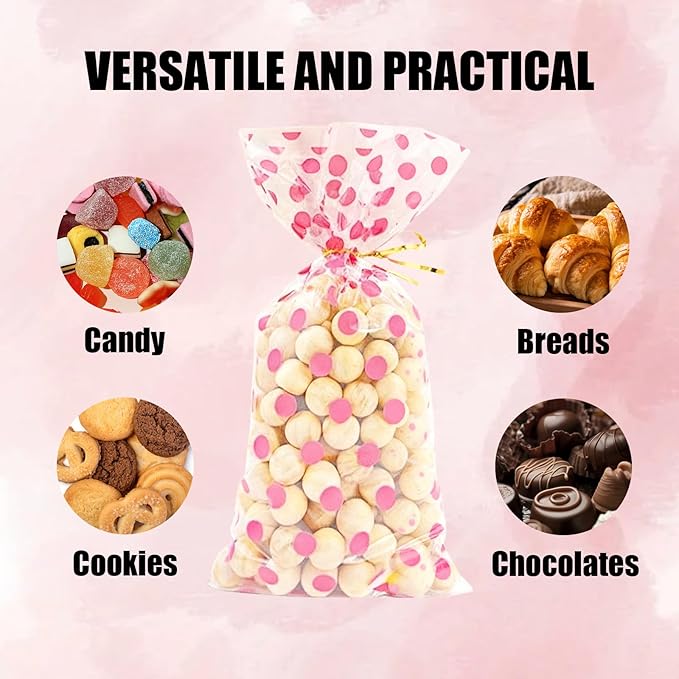 EatnMgan 200Pcs Cellophane Treat Bags,10.8 x 4.9Inch Plastic Candy Bags,Cellophane Bags,Goodie Candy with 220Pcs Twist Ties for Valentine, Birthday, Gift Cookie Snack Packing Party Favor Supplies (Pink)
