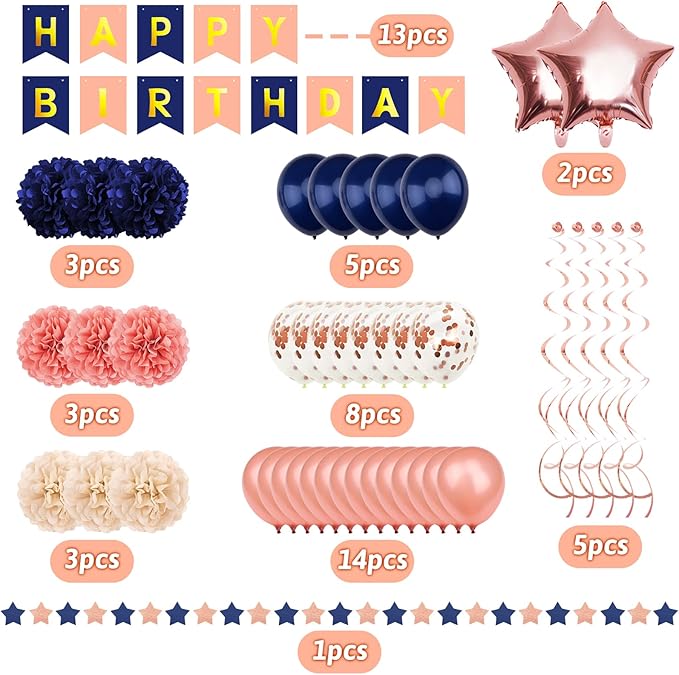 Rose Gold & Navy Blue Party Decorations - Happy Birthday Decorations with Banner for Women, Girls, Engagement & Anniversary Parties