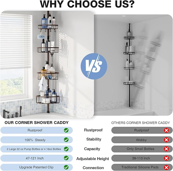 Corner Shower Caddy Tension Pole: Stainless Steel Rustproof 4-Tier Shower Organizer - 47-121 inch Adjustable Bathroom Shelves for Bathtub Shampoo Storage - Tension Rod Floor Standing Bath Rack -Bronze