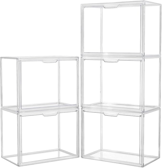 Acrylic Box Display Case, Clear Plastic Stackable Storage Bins with Magnetic Attraction Lid, Showcase for Cosmetic, Large Figures Collectibles (5 Pack, X-Large)