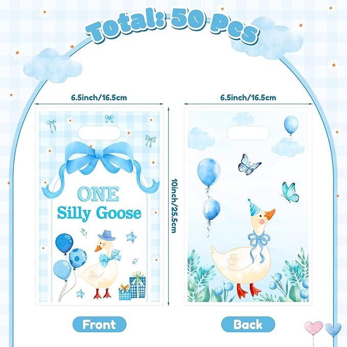 ANGOLIO One Silly Goose Party Favor Bags, 50Pcs Summer Blue Bow Silly Goose Goodie Candy Treat Plastic Gift Bags, Flowers Balloon Themed Party Supplies Birthday Baby Shower Wedding Gifts for Boy Girl