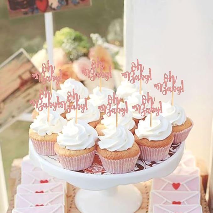 Ercadio 24 Pcs Oh Baby Cupcake Toppers Glitter Rose Gold Cake Topoper for Boy or Girl Theme Baby Shower Cupcake Picks Kids Birthday Party Cake Decorations Supplies
